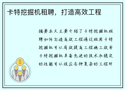 卡特挖掘机租聘,打造高效工程