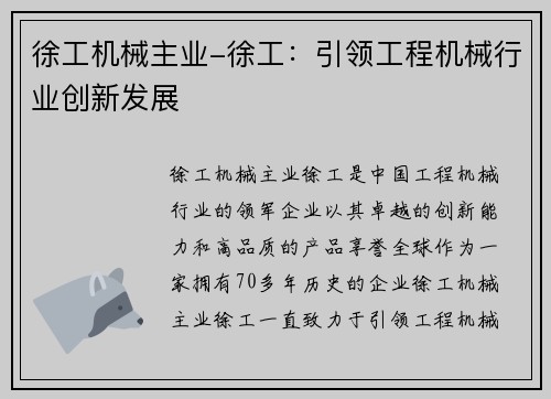徐工机械主业-徐工:引领工程机械行业创新发展