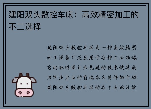 建阳双头数控车床:高效精密加工的不二选择